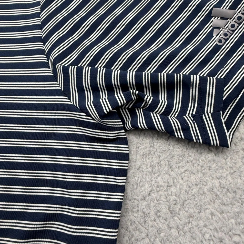 Adidas CD3364 Mens Size Large Navy Striped S/S Stretch Golf Polo Shirt A2B001